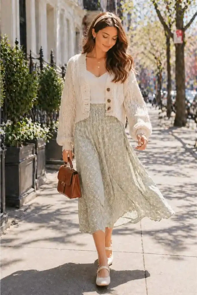 Easy Layers, Great Fits: 14 Midsize Fall Outfits That Feel So Good 9 Draped Cardigan With a Fitted Midi Skirt