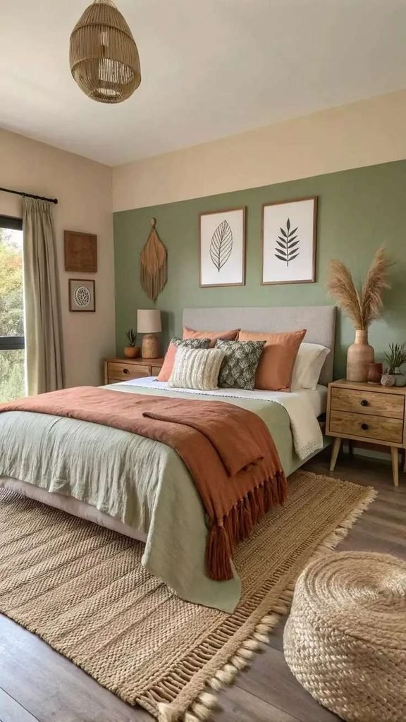 19 Green Bedroom Ideas That Are So Cozy & Chic You’ll Want to Redecorate This Weekend 15 Earthy Green Bedroom With Terracotta Accents