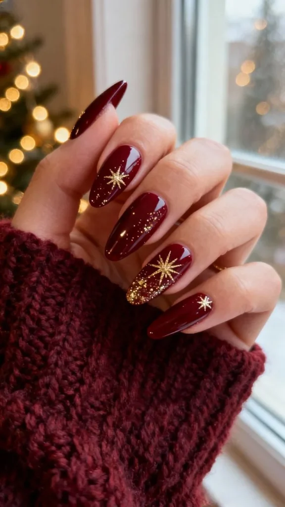 Holiday Glam Made Easy: 15 Christmas Nail Designs for Every Festive Mood 8 Elegant Burgundy and Gold Nails