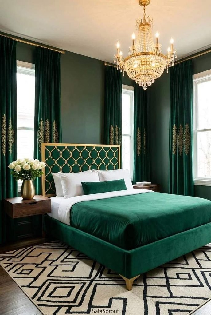 19 Green Bedroom Ideas That Are So Cozy & Chic You’ll Want to Redecorate This Weekend 7 Emerald Green Glam Bedroom