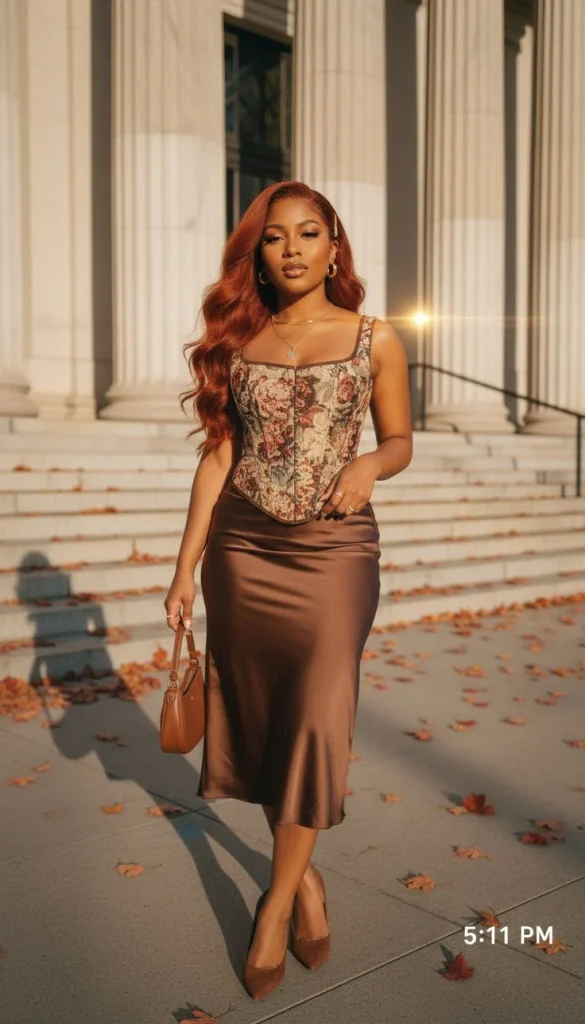 From Caramel to Chocolate: 16 Brown Fall Outfits That Look So Chic 3 Espresso Corset Top With a Copper Skirt