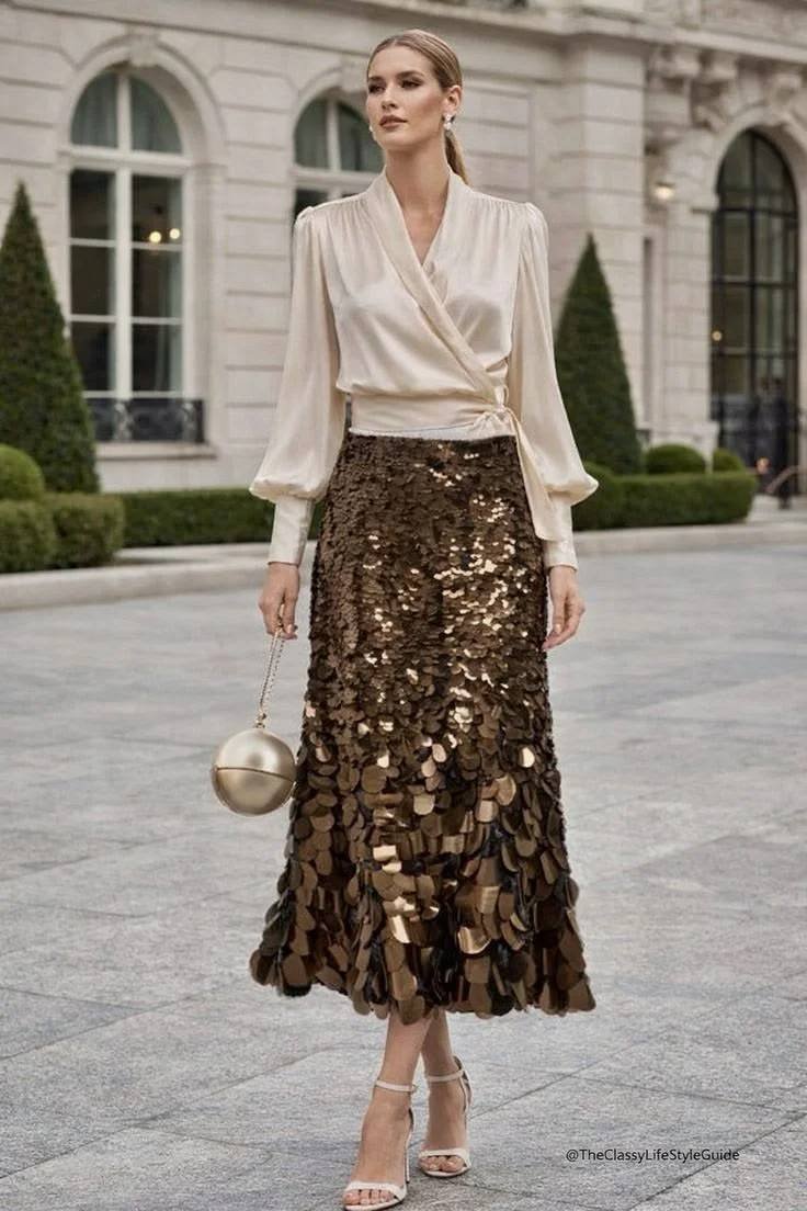 From Caramel to Chocolate: 16 Brown Fall Outfits That Look So Chic 16 Espresso Sequin Top With a Beige Maxi Skirt 1