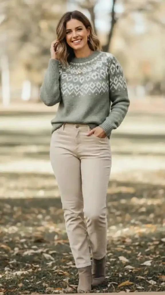 Your Fall Wardrobe Just Got Smarter With These 15 Preppy Fall Outfits 11 Fair Isle Sweater With Corduroy Pants