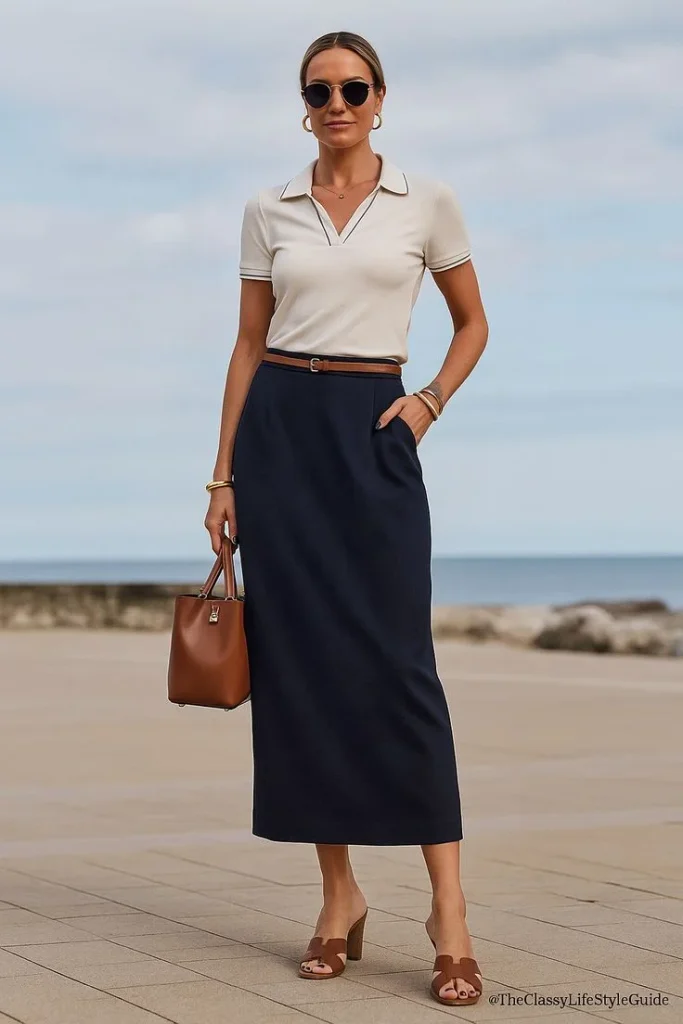 Workday Style Made Simple: 17 Office Fall Outfits to Wear on Repeat 2 Fine Knit Polo With a Pencil Skirt