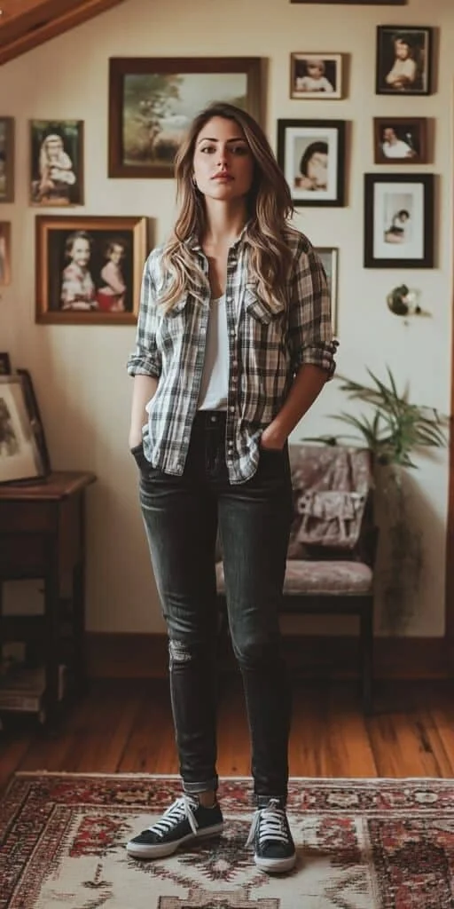 Getting Dressed Just Got Easier: 14 Simple Fall Outfits That Always Look Good 11 Flannel Shirt With Black Jeans
