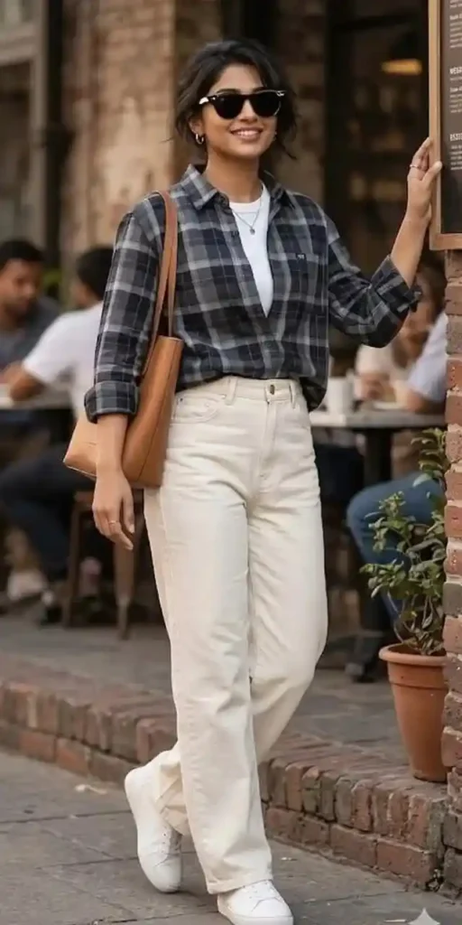 15 Casual Fall Outfits That Make Everyday Dressing Feel Effortless 6 Flannel Shirt With Jeans and Sneakers