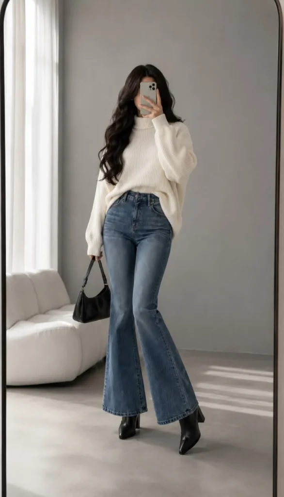 17 Fall Outfits with Boots That Make Getting Dressed Feel So Much Easier 14 Flared Jeans Turtleneck and Heeled Boots