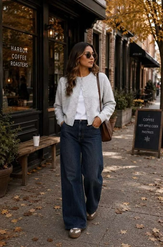14 Fall Outfits Jeans Lovers Will Want to Wear on Repeat 9 Flared Jeans With a Cozy Cardigan