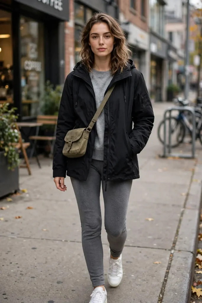 Fleece leggings an anorak style jacket a crossbody bag and clean white sneakers