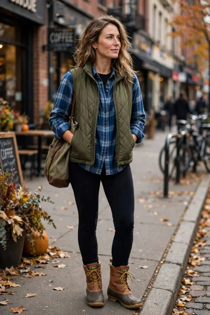 Fleece lined leggings a quilted vest over a flannel and duck boots