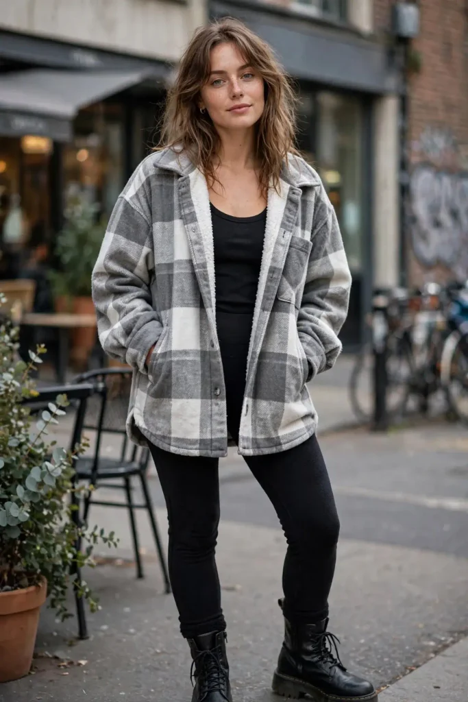 Fleece lined leggings an oversized flannel shirt worn as a jacket and a pair of lug sole boots