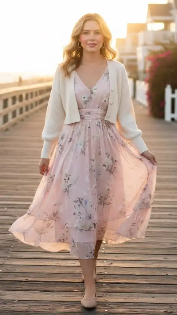 Dress Season Isn’t Over: 15 Fall Outfits Dress Lovers Will Adore 1 Floral Midi Dress With a Cropped Knit