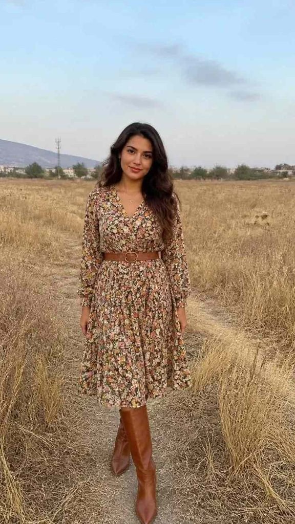 The Cozy-Girl Guide to 17 Boho Fall Outfits That Feel Effortlessly Stylish 13 Floral Midi Dress With a Leather Belt