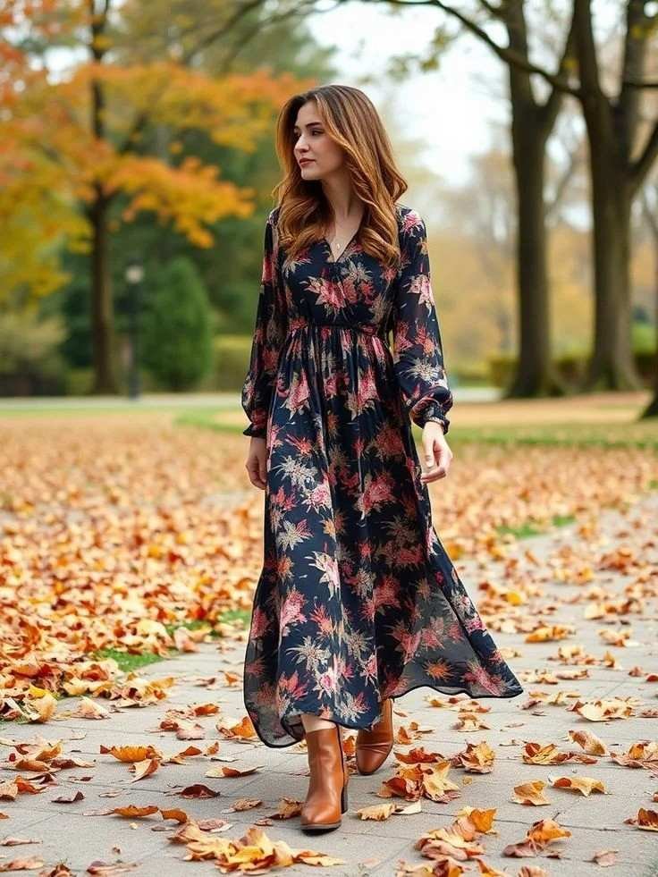 The Cozy-Girl Guide to 17 Boho Fall Outfits That Feel Effortlessly Stylish 1 Flowy Maxi Dress With Ankle Boots