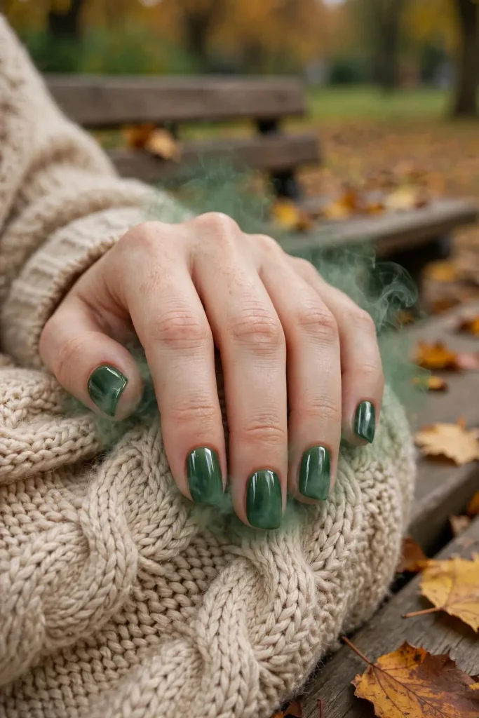 14 Fall Aura Nails That Create the Dreamiest Autumn Manicure Looks 8 Forest Green Fog