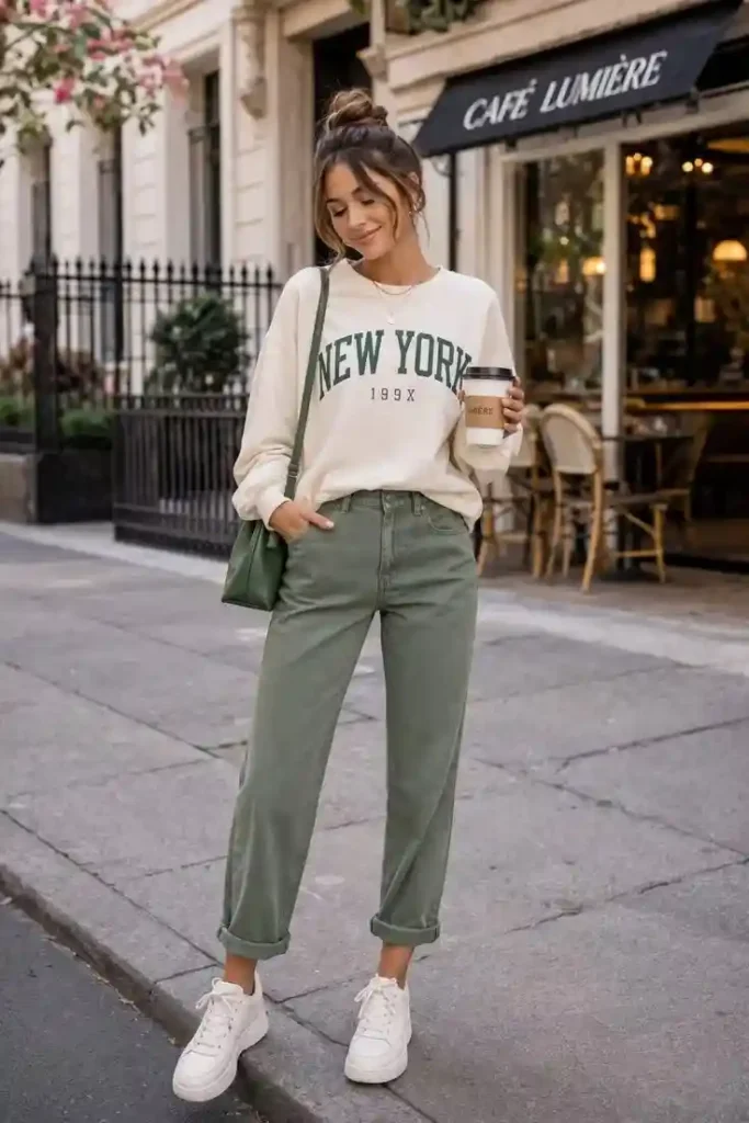 Cute, Cozy, and Photo-Ready: 13 Fall Outfits Pumpkin Patch Days Deserve 6 Forest Green Sweatshirt With Ecru Jeans