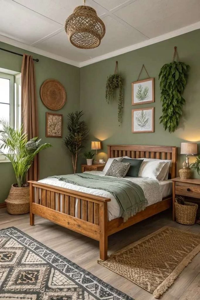 19 Green Bedroom Ideas That Are So Cozy & Chic You’ll Want to Redecorate This Weekend 5 Forest Green Warm Wood Tones