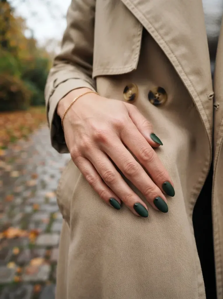 Forest Green with Matte Gloss Contrast Fall Almond Nails
