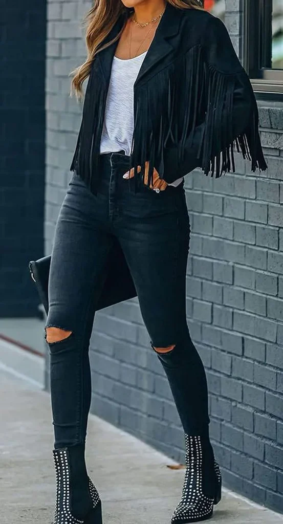 The Cozy-Girl Guide to 17 Boho Fall Outfits That Feel Effortlessly Stylish 8 Fringe Jacket With Black Jeans