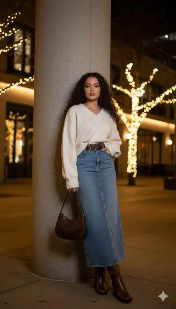 Covered, Comfortable, and So Stylish: 16 Modest Fall Outfits 12 Funnel Neck Sweater With a Denim Maxi Skirt