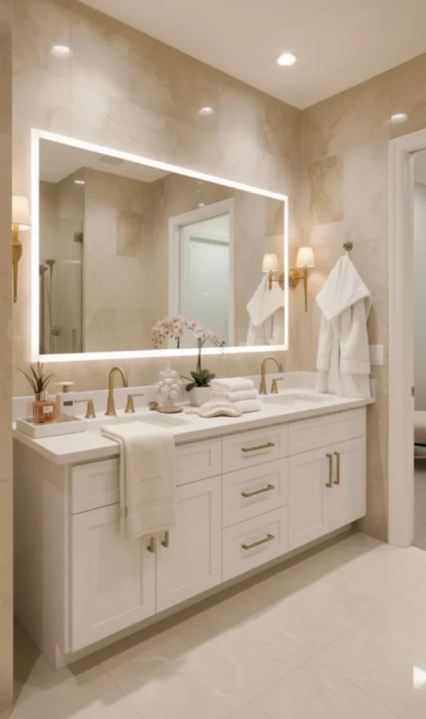 18 Bathroom Vanity Ideas That Are Giving “Pinterest Dream Home” Energy in 2026 14 Glam Vanity With LED Mirror