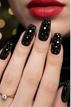 Dark, Festive, and Seriously Chic: 16 Black Christmas Nails for a Stylish Holiday Look 2 Glossy Black Nails With Gold Stars