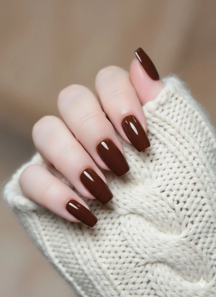 16 Fall Coffin Nails That Make Autumn Manicures Feel Extra Stylish 1 Glossy Chocolate Brown Coffins