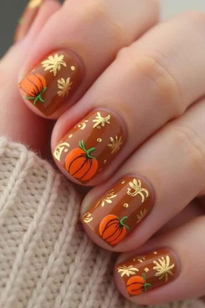 14 Fall Pumpkin Nails That Make Autumn Manicures Feel Extra Cozy 7 Gold Pumpkin Nail Art