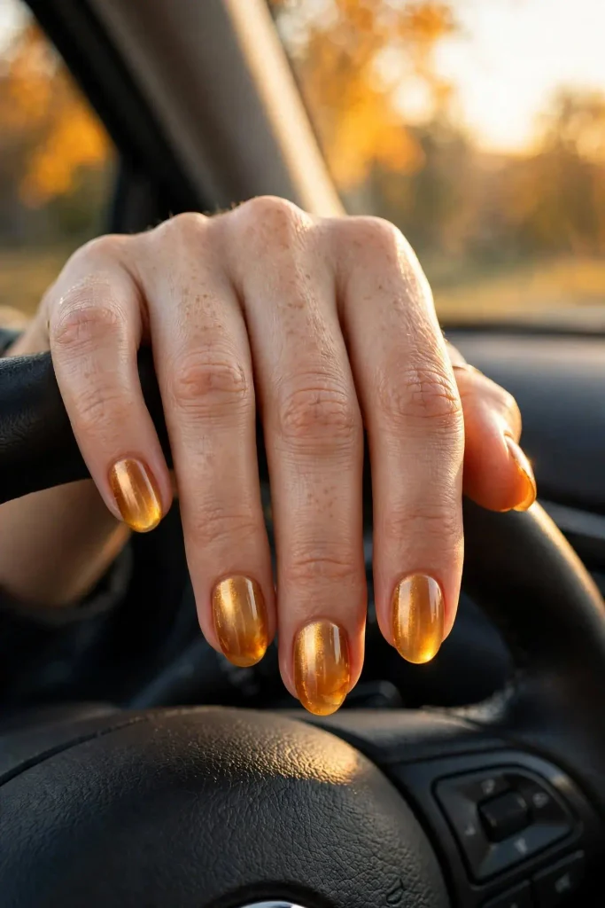 14 Fall Aura Nails That Create the Dreamiest Autumn Manicure Looks 6 Golden Amber Glow