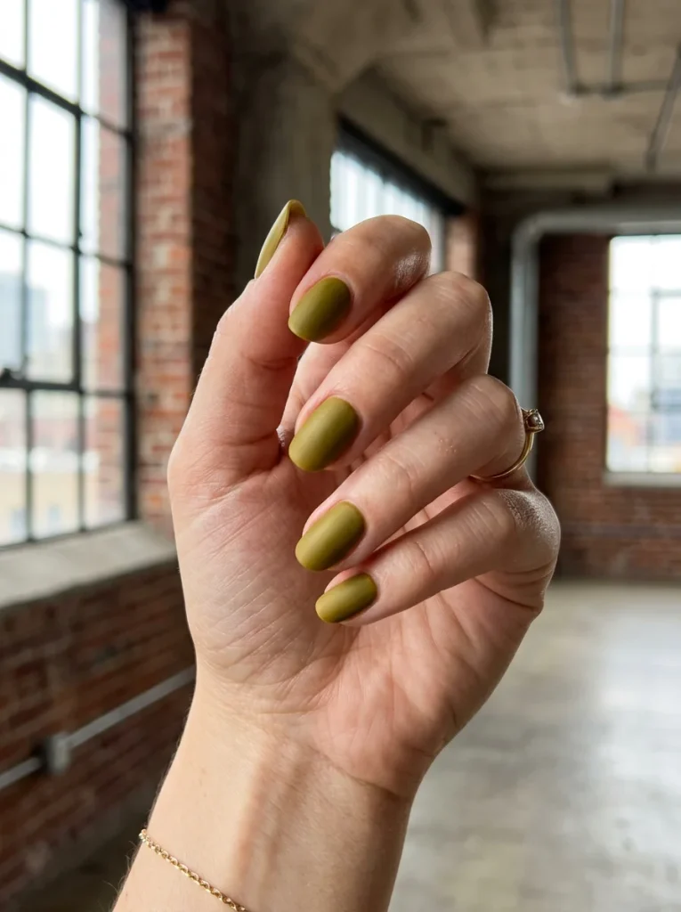 16 Cute Fall Nails That Will Make Your Autumn Manicure Look Cozy and Trendy 9 Golden Olive With Matte Top Coat