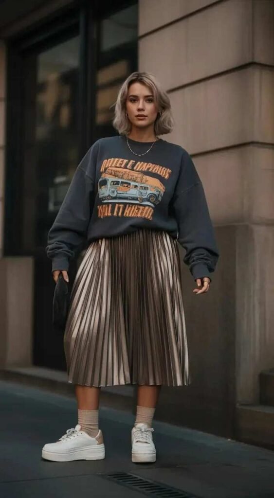 From Early Classes to Late Coffee Runs: 15 College Fall Outfits 4 Graphic Sweatshirt With a Satin Midi Skirt