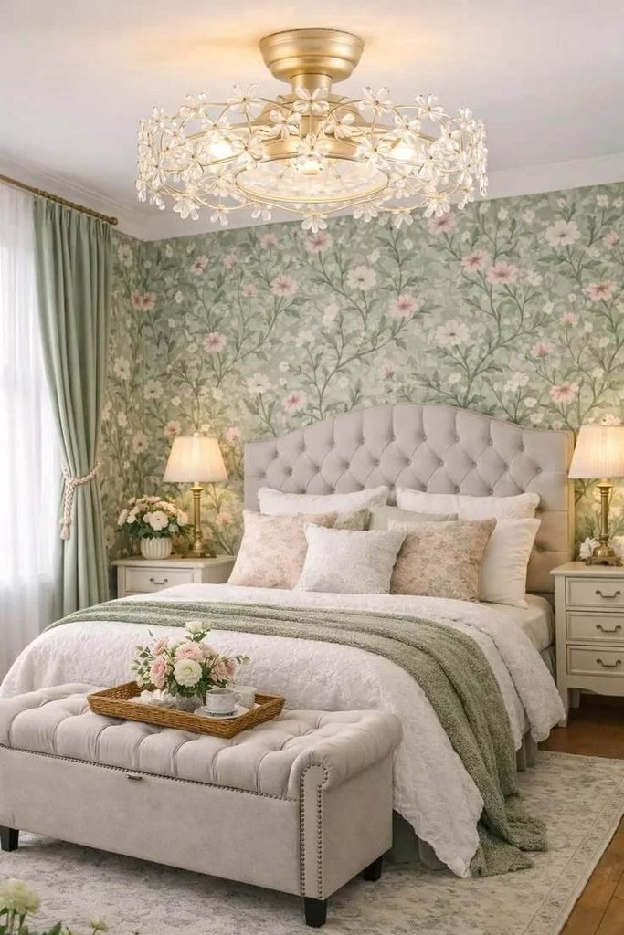 19 Green Bedroom Ideas That Are So Cozy & Chic You’ll Want to Redecorate This Weekend 14 Green Floral Wallpaper Bedroom