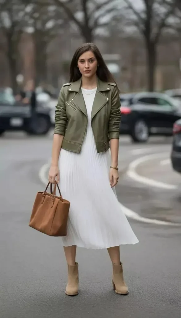 One Jacket, So Many Moods: 15 Leather Jacket Fall Outfits 12 Green Leather Jacket With a Checked Midi Skirt