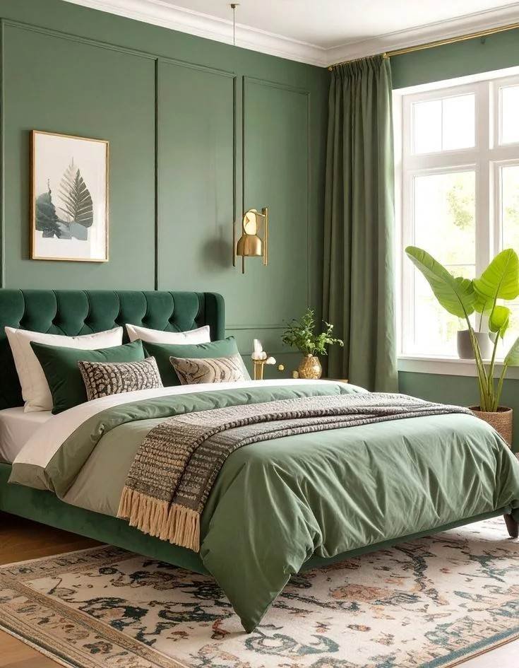 19 Green Bedroom Ideas That Are So Cozy & Chic You’ll Want to Redecorate This Weekend 3 Green Velvet Headboard