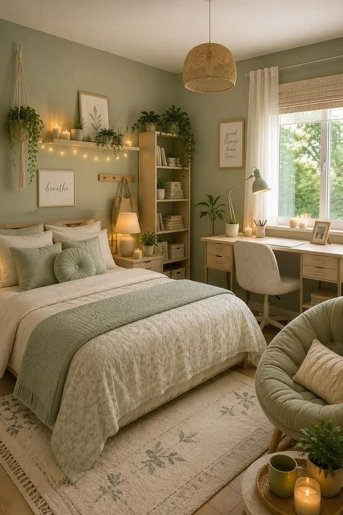 19 Green Bedroom Ideas That Are So Cozy & Chic You’ll Want to Redecorate This Weekend 8 Green and Beige Layered Bedroom