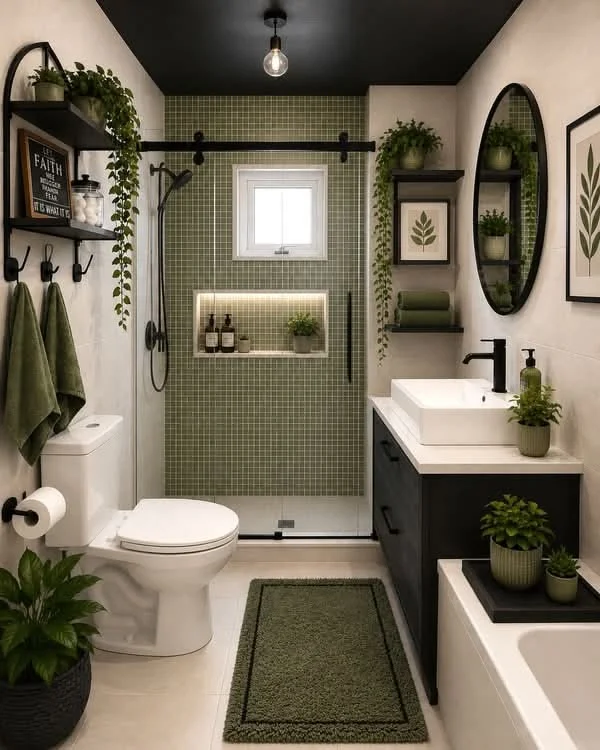 18 Grey Bathroom Ideas That Look Straight Out of a Luxury Spa (Without the Luxury Price Tag) 14 Grey Bathroom With Green Plants