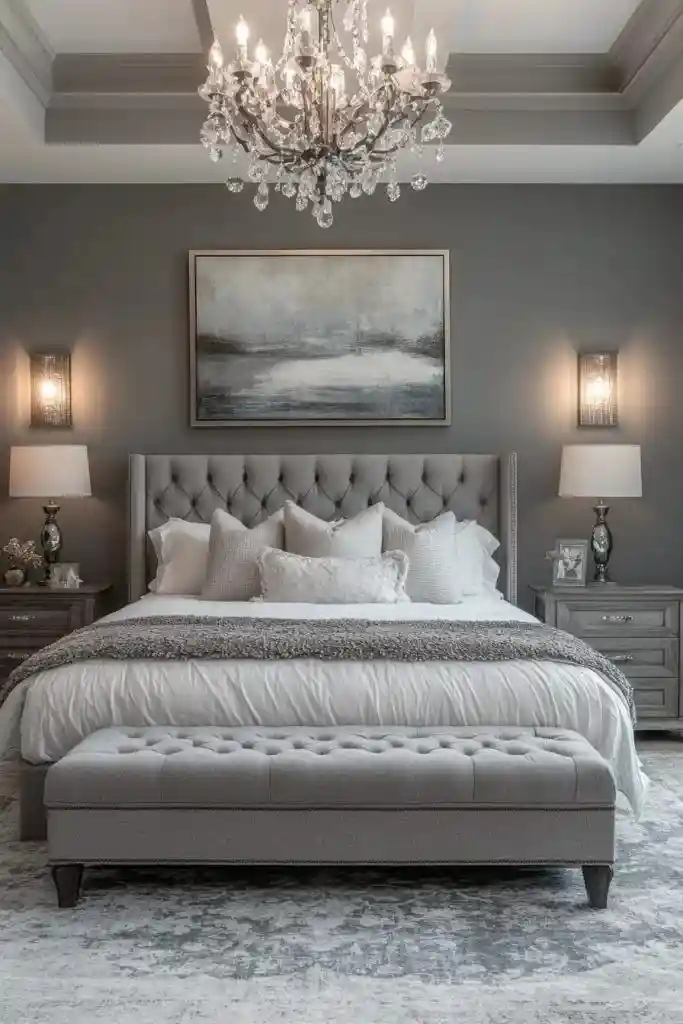 18 Grey Bedroom Ideas That Look Straight Out of a Luxury Pinterest Board 16 Grey Bedroom with Statement Lighting