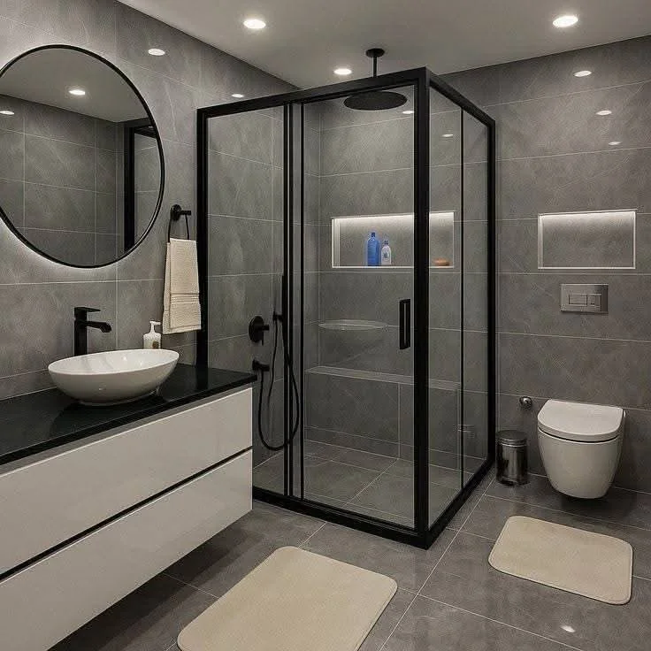 18 Grey Bathroom Ideas That Look Straight Out of a Luxury Spa (Without the Luxury Price Tag) 5 Grey Subway Tiles With Black