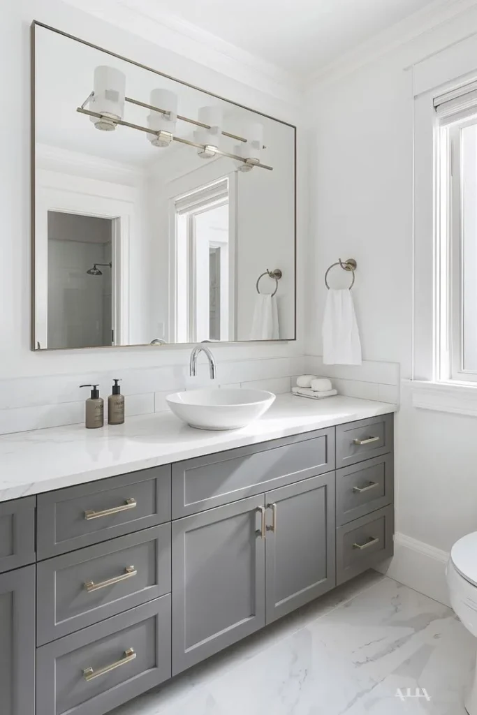 18 Grey Bathroom Ideas That Look Straight Out of a Luxury Spa (Without the Luxury Price Tag) 8 Grey Vanity With White Countertops