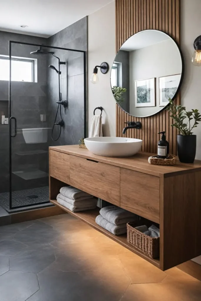 18 Grey Bathroom Ideas That Look Straight Out of a Luxury Spa (Without the Luxury Price Tag) 4 Grey and Wood Bathroom Combo
