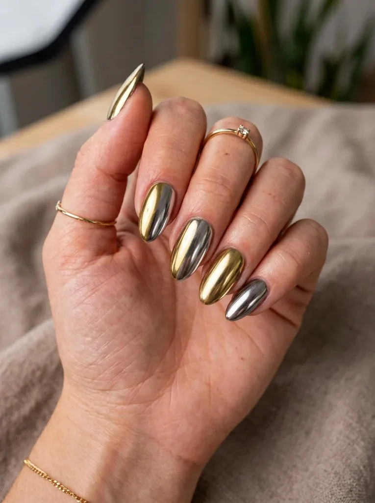 15 Fall Chrome Nails, Cast Like Metal From a Small Home Foundry 15 Gunmetal and Gold Split