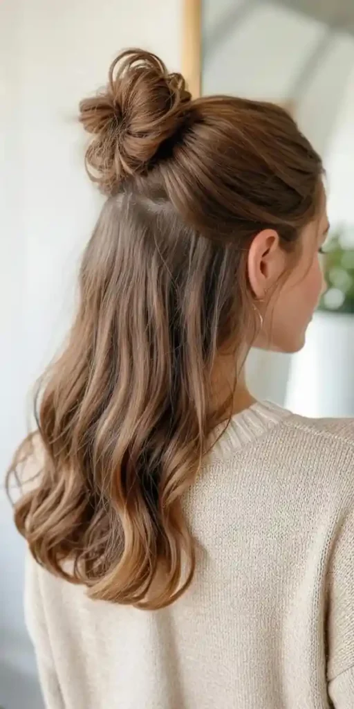 Make Busy Mornings Easier with 16 Work Hairstyles for Long Hair 10 Half Up Mini Bun