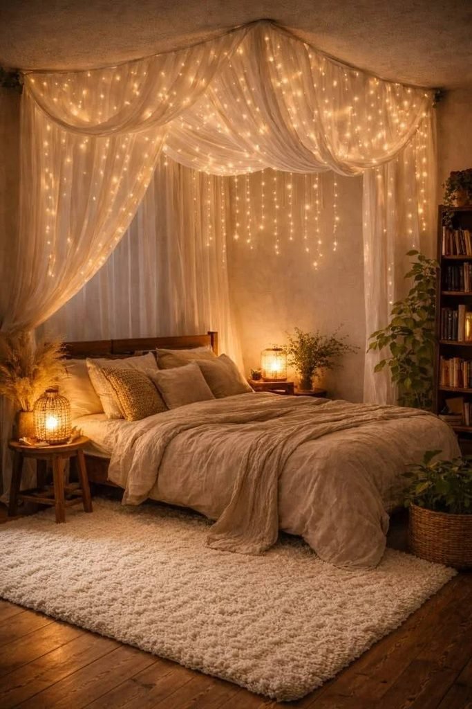 Your Bedroom Deserves This Glow-Up: 19 Cozy Bedroom Ideas That Make Every Night Feel Like a Luxury Staycation 8 Hang String Lights or a Canopy