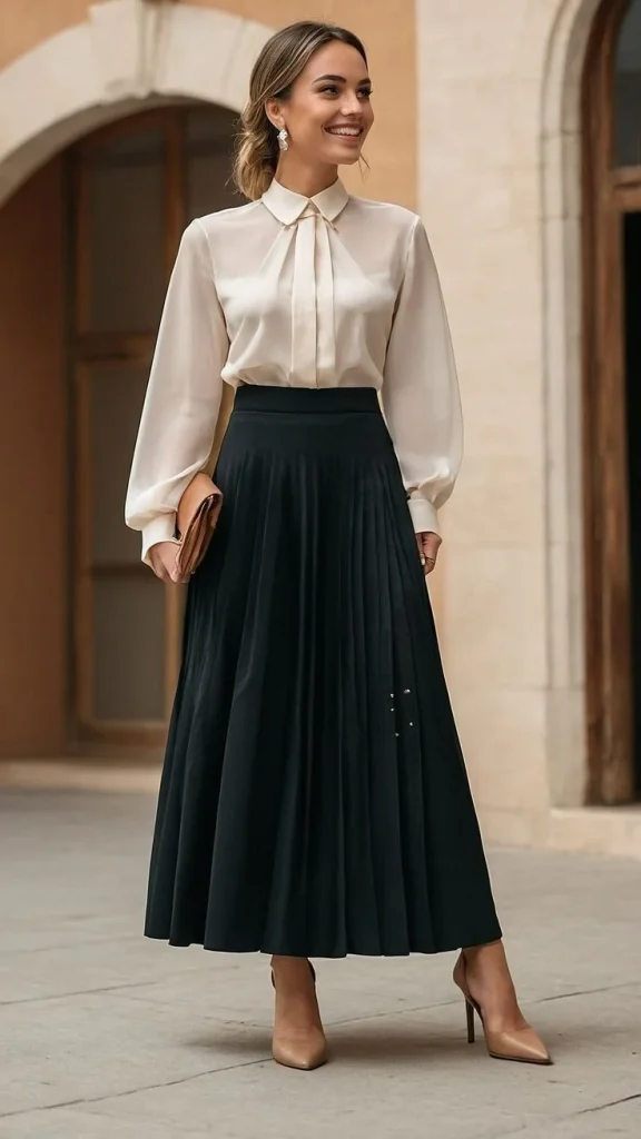 Workday Style Made Simple: 17 Office Fall Outfits to Wear on Repeat 16 High Neck Blouse With a Paneled Skirt