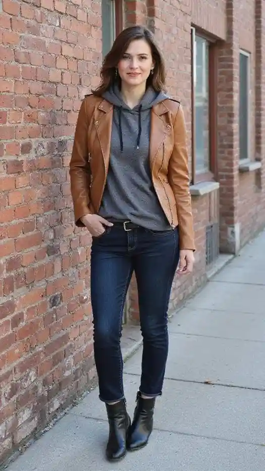 15 Casual Fall Outfits That Make Everyday Dressing Feel Effortless 10 Hoodie With a Leather Jacket