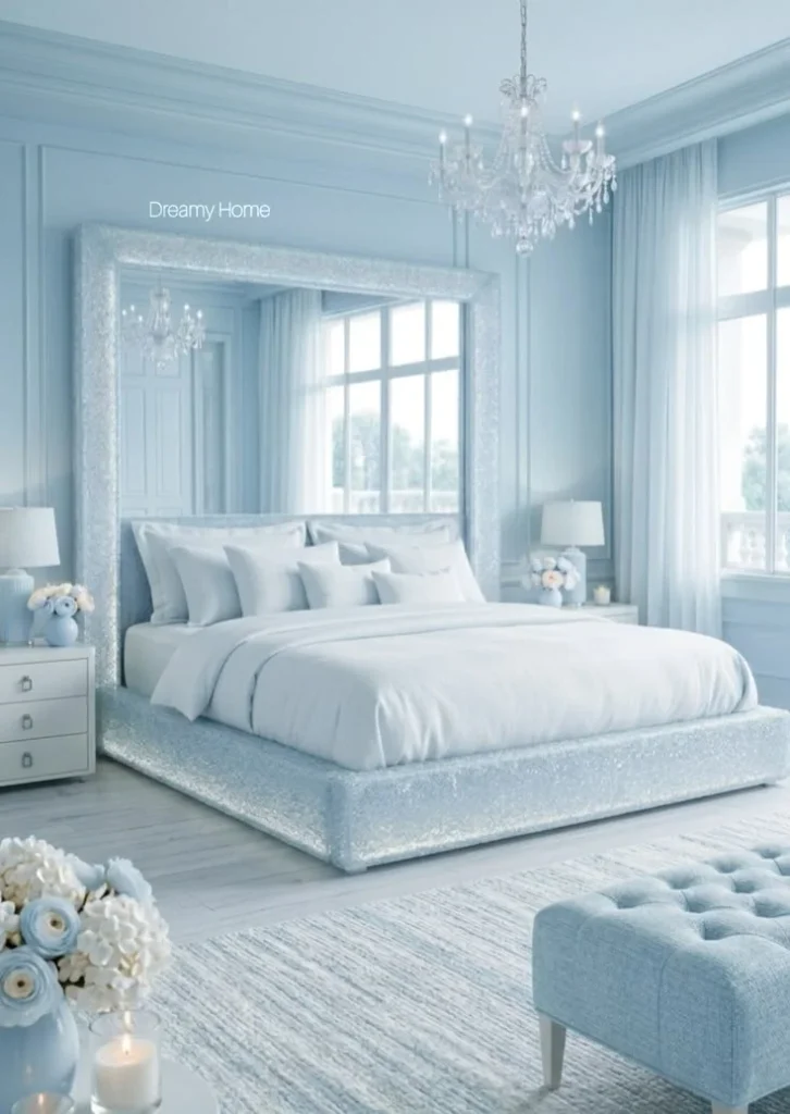 18 Blue Bedroom Ideas That Are Giving “Main Character Energy” Right Now 11 Ice Blue Glam Bedroom