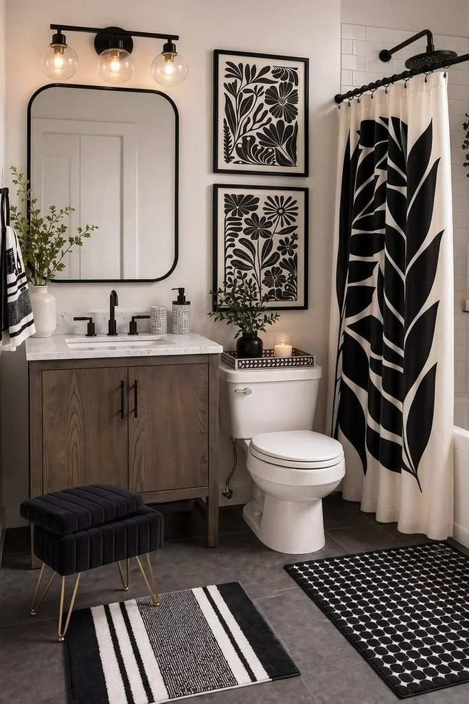 18 Guest Bathroom Ideas So Good Your Visitors Might “Accidentally” Stay Longer 17 Install a Chic Shower Curtain
