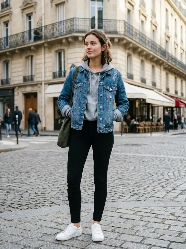 14 Jean Jacket Outfits for Fall (Sorted by What Your Day Actually Looks Like) 4 Jacket Over a Hoodie