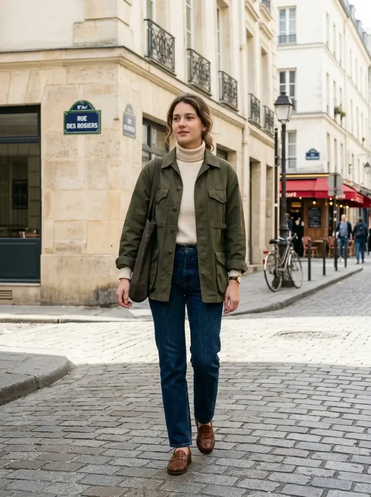 14 Jean Jacket Outfits for Fall (Sorted by What Your Day Actually Looks Like) 9 Jacket Sweater Straight Jeans Loafers