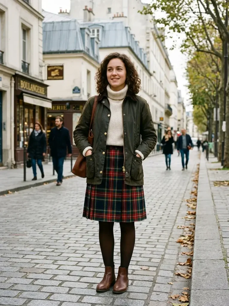 14 Jean Jacket Outfits for Fall (Sorted by What Your Day Actually Looks Like) 6 Jacket Turtleneck Plaid Skirt